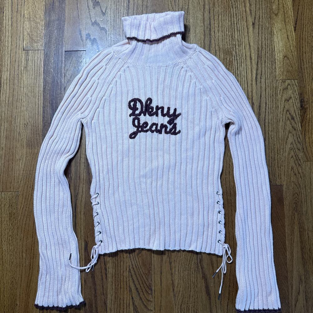 DKNY Embroidered Pink Sweater w/ Lace Up Sides y2k Size M L C19